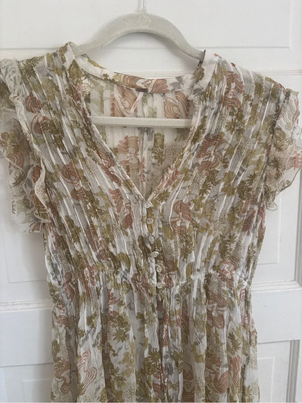 Free People Floral Smocked Flowy Layer in Cream, Olive & Blush